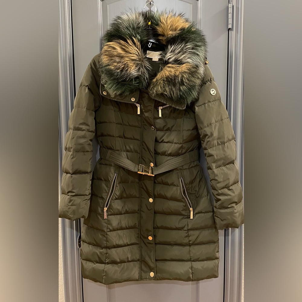 MK logo Belted Jacket Puffer Coat with multi color Fur Trim and hidden Hood